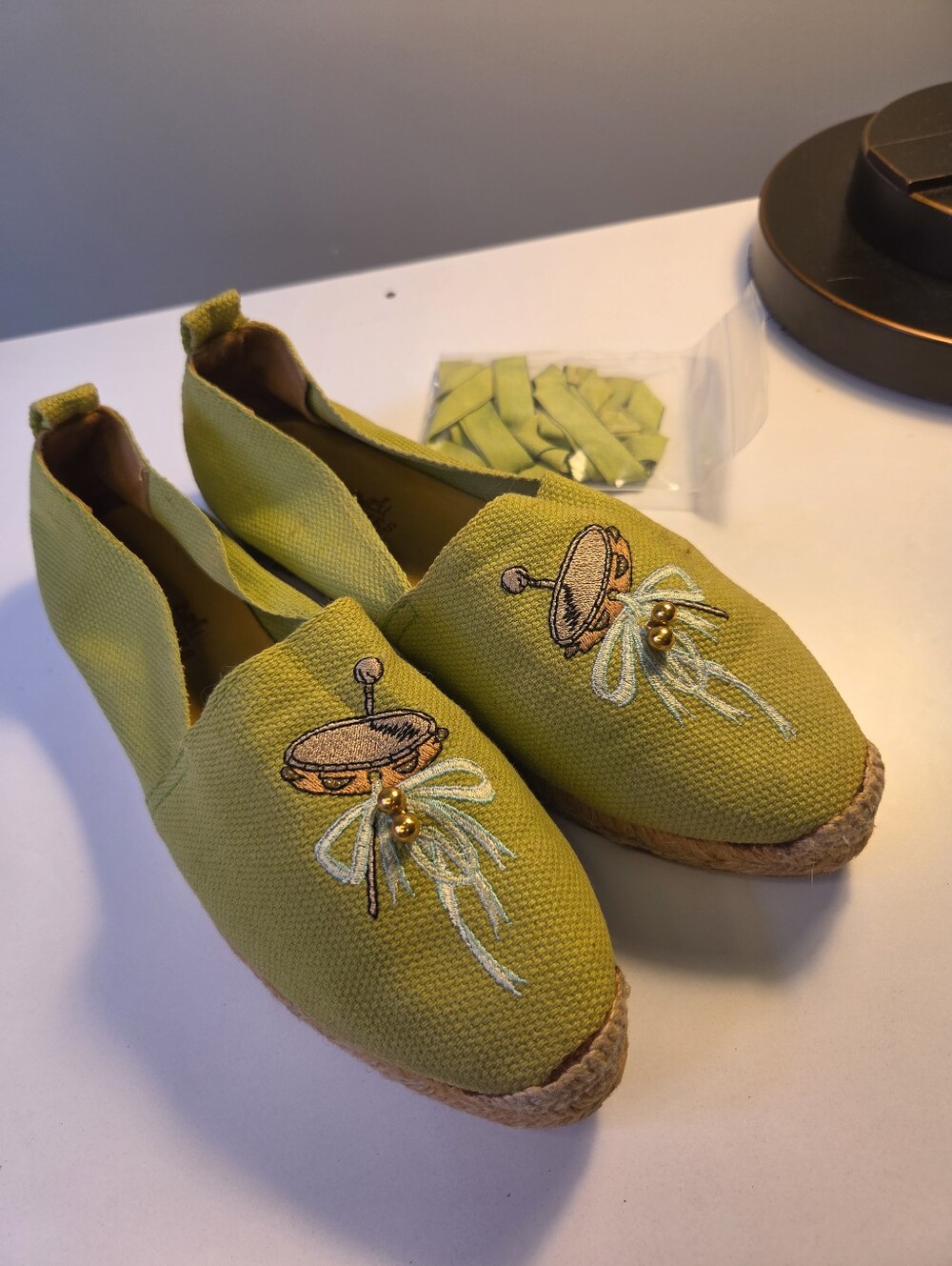 Hermès embroidered canvas espadrilles featuring a Tambourine Rare Beautiful